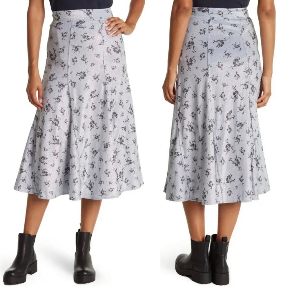 Ganni Metallic‎ Floral Print Brunnera Blue Pull-On Pleated Midi Skirt Size 4